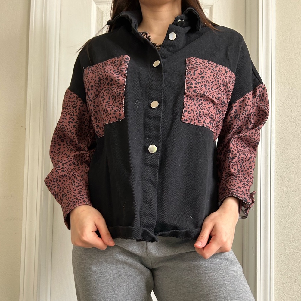 SHEIN cheetah button up black denim jacket